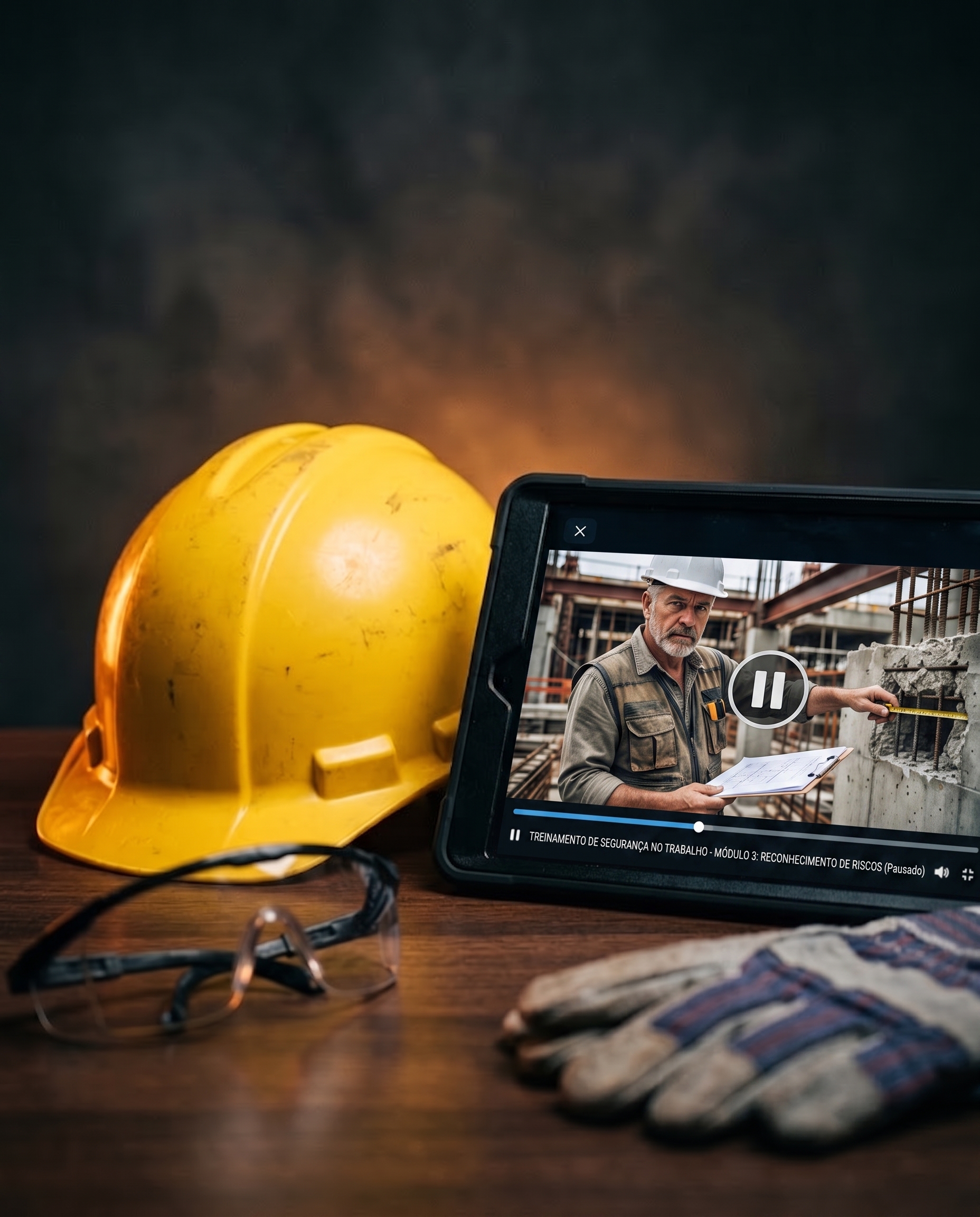 Vídeo de treinamento sendo assistido em tablet, com capacete e EPI