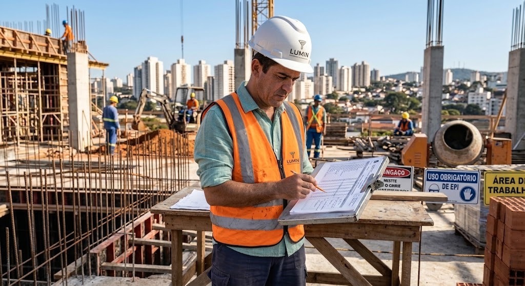 Conferência de procedimento em prancheta no canteiro de obras