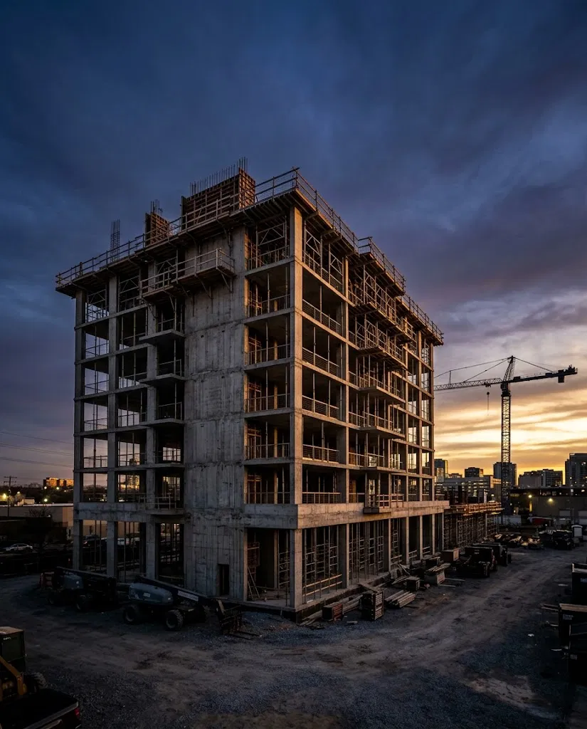 Estrutura de edifício em obra ao entardecer