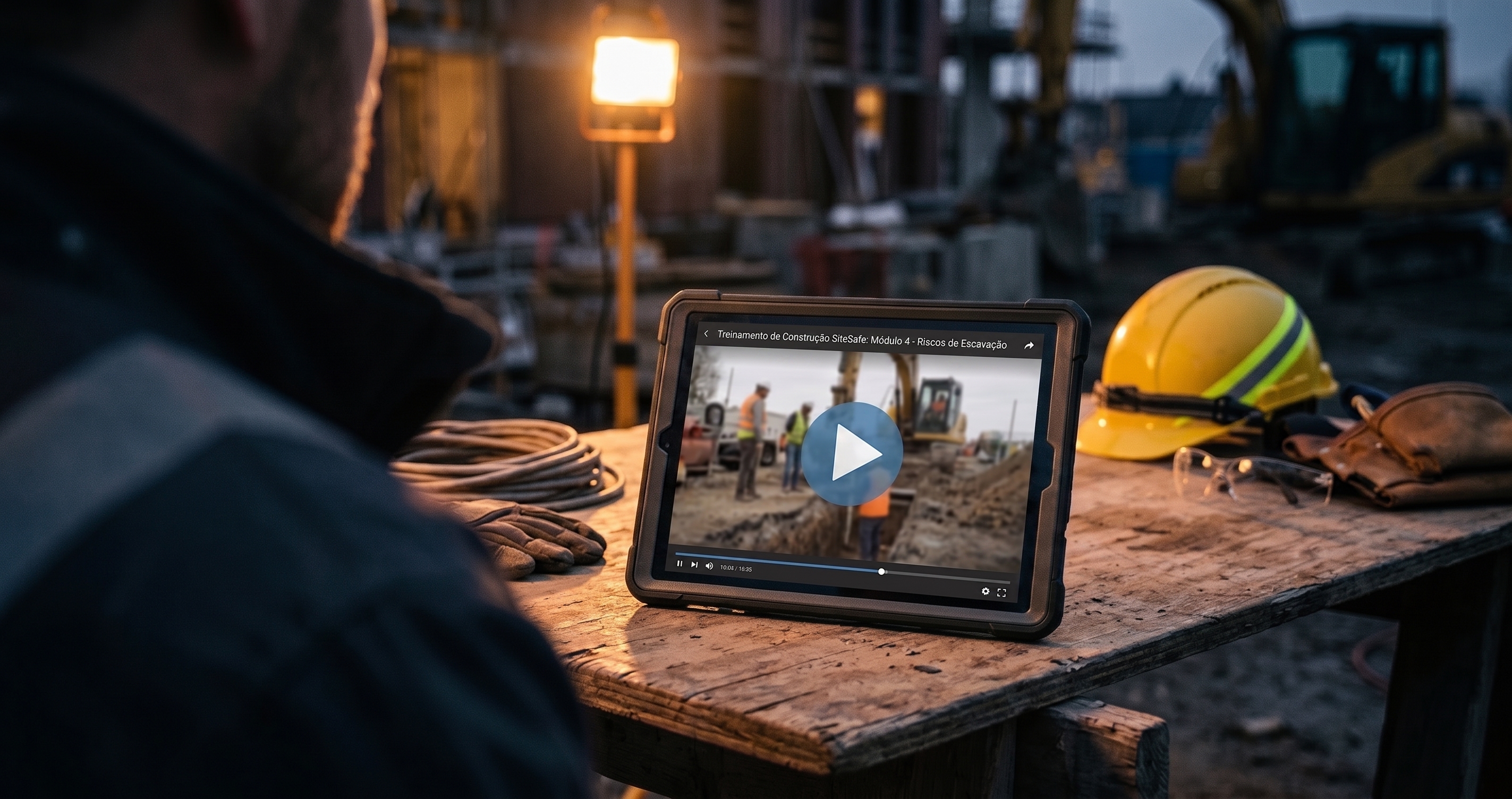 Vídeo de capacitação sendo assistido no canteiro de obras